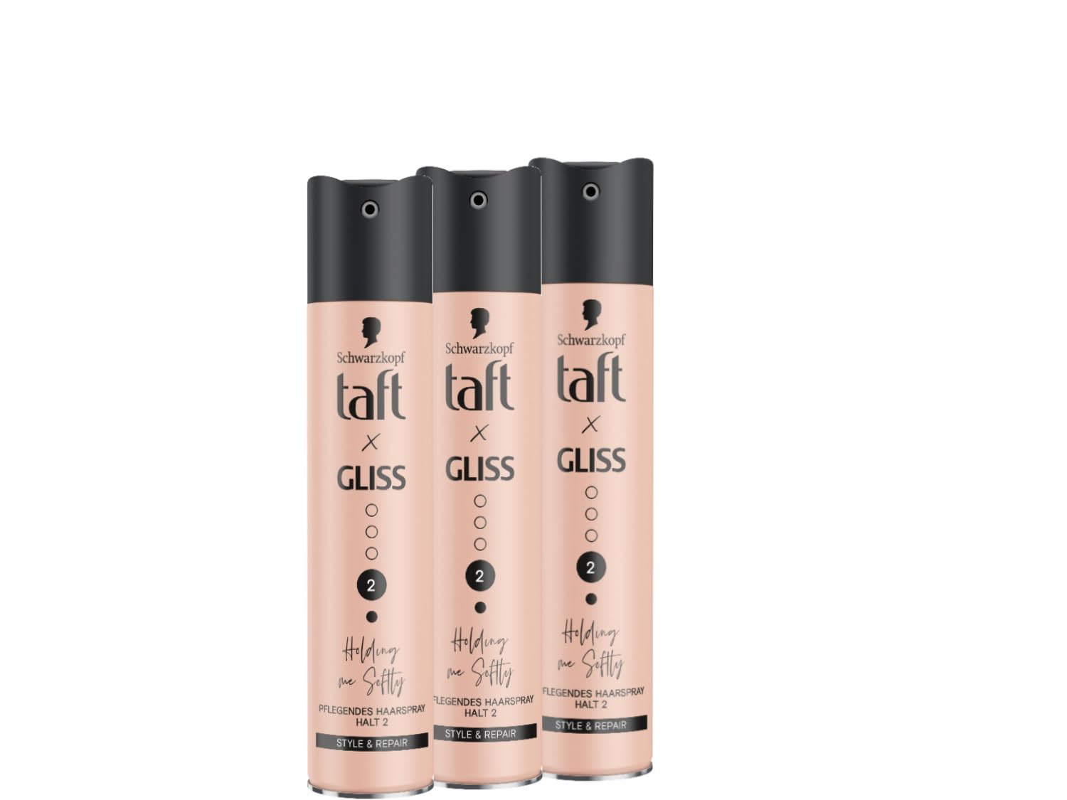 Taft x Gliss Holding me Softly Haarspray Haltegrad 2 (3x 250 ml), Styling Spray gibt flexiblen Halt für alle Haartypen, Haarspray ohne Silikone mit Arganöl und Provitamin B5