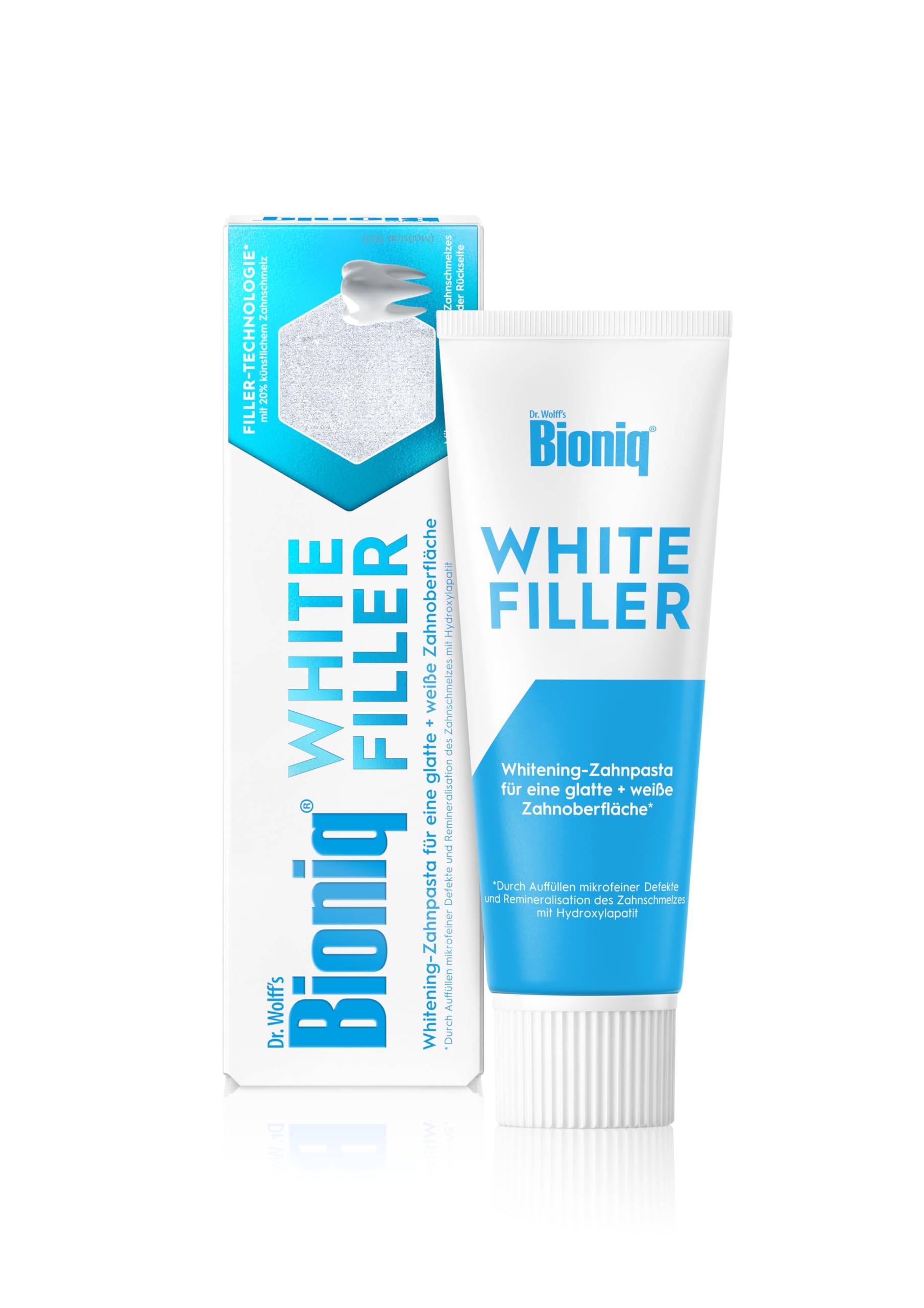 Bioniq® White Filler Zahnpasta - 4 x 75 ml – Sanfte Whitening-Zahncreme mit Hydroxylapatit, schützt und stärkt den Zahnschmelz, für glatte und weiße Zähne, entfernt Verfärbungen schonend, ohne Fluorid