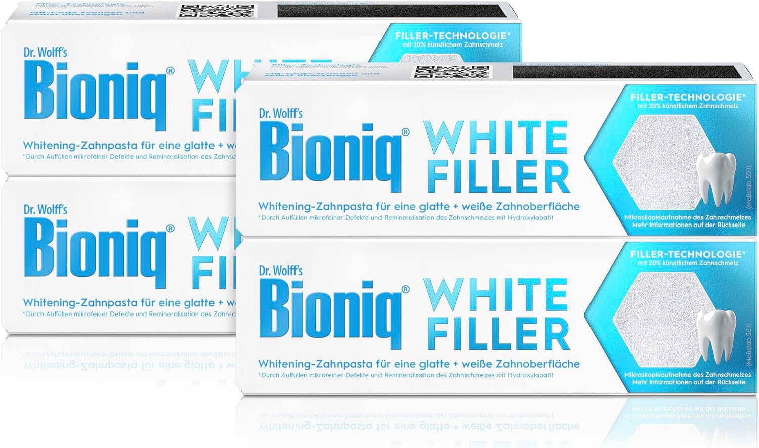 Bioniq® White Filler Zahnpasta - 4 x 75 ml – Sanfte Whitening-Zahncreme mit Hydroxylapatit, schützt und stärkt den Zahnschmelz, für glatte und weiße Zähne, entfernt Verfärbungen schonend, ohne Fluorid