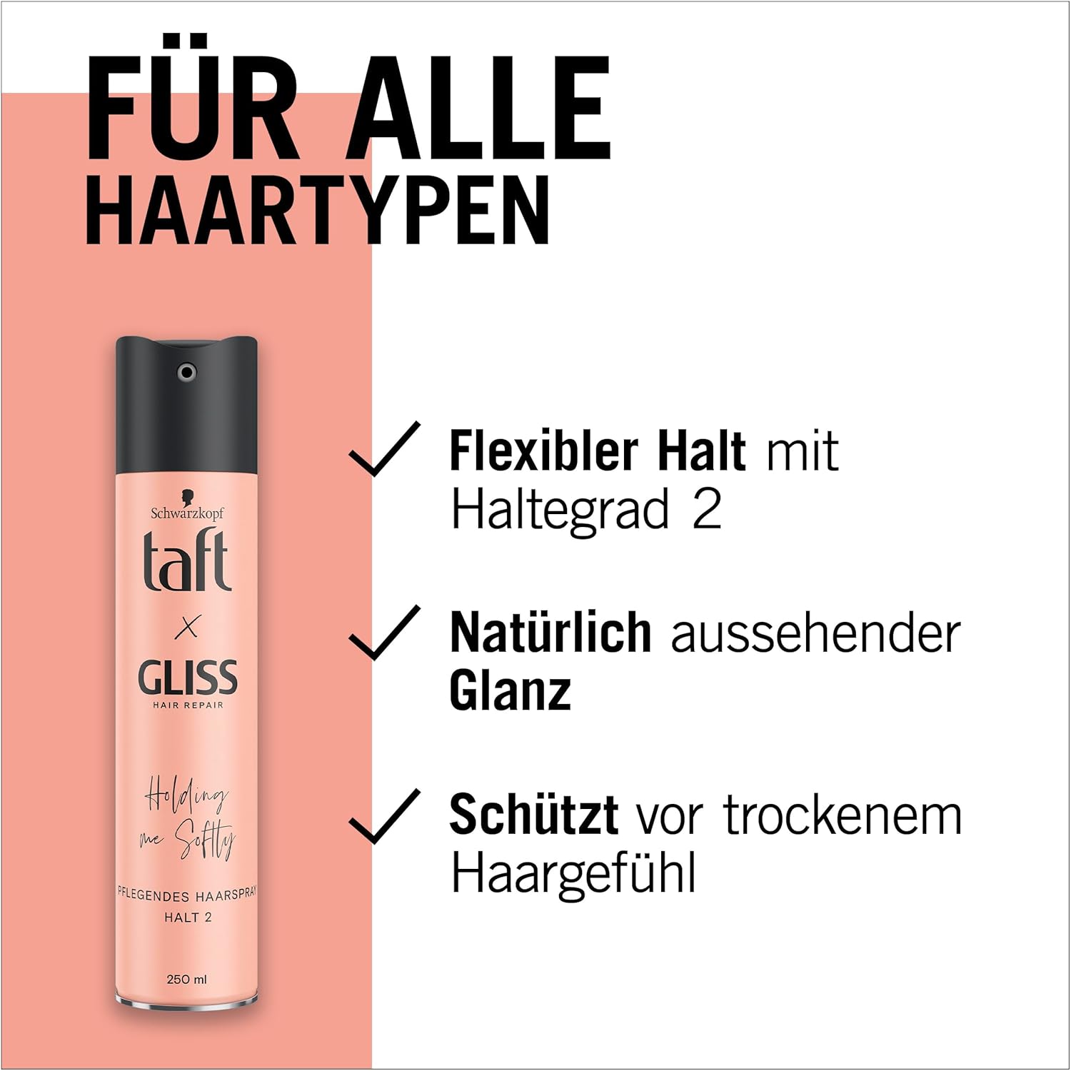 Taft x Gliss Holding me Softly Haarspray Haltegrad 2 (3x 250 ml), Styling Spray gibt flexiblen Halt für alle Haartypen, Haarspray ohne Silikone mit Arganöl und Provitamin B5