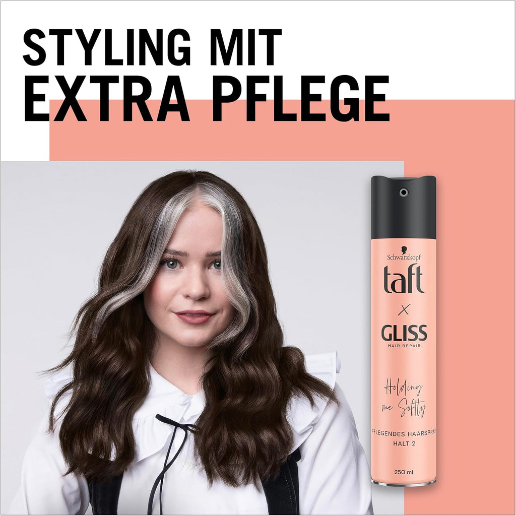 Taft x Gliss Holding me Softly Haarspray Haltegrad 2 (3x 250 ml), Styling Spray gibt flexiblen Halt für alle Haartypen, Haarspray ohne Silikone mit Arganöl und Provitamin B5