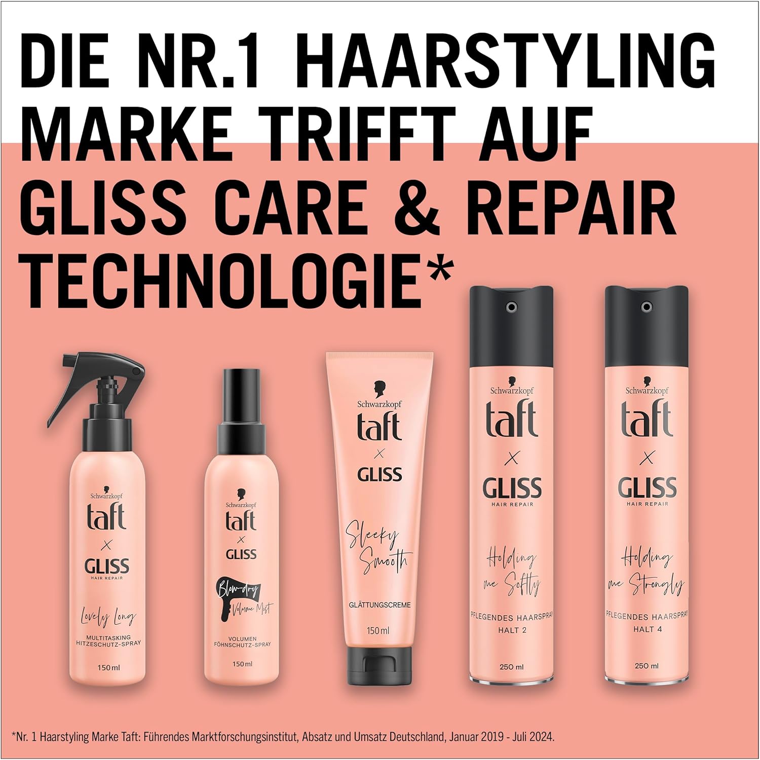 Taft x Gliss Holding me Softly Haarspray Haltegrad 2 (3x 250 ml), Styling Spray gibt flexiblen Halt für alle Haartypen, Haarspray ohne Silikone mit Arganöl und Provitamin B5