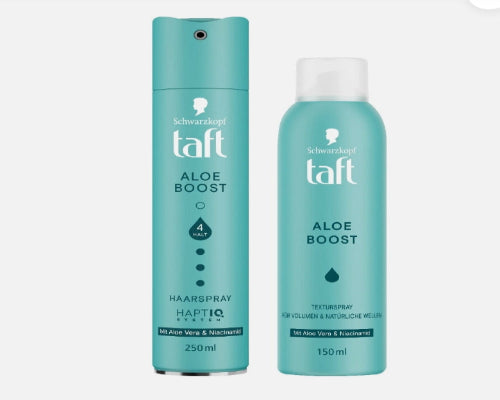 TAFT Haarspray (250 ml) & Texturspray (150 ml) Aloe Boost, alle Haartypen, für Volumen & natürliche Wellen, Volumenspray mit Aloe Vera & Niacinamid sorgt für mühelose Undone Looks
